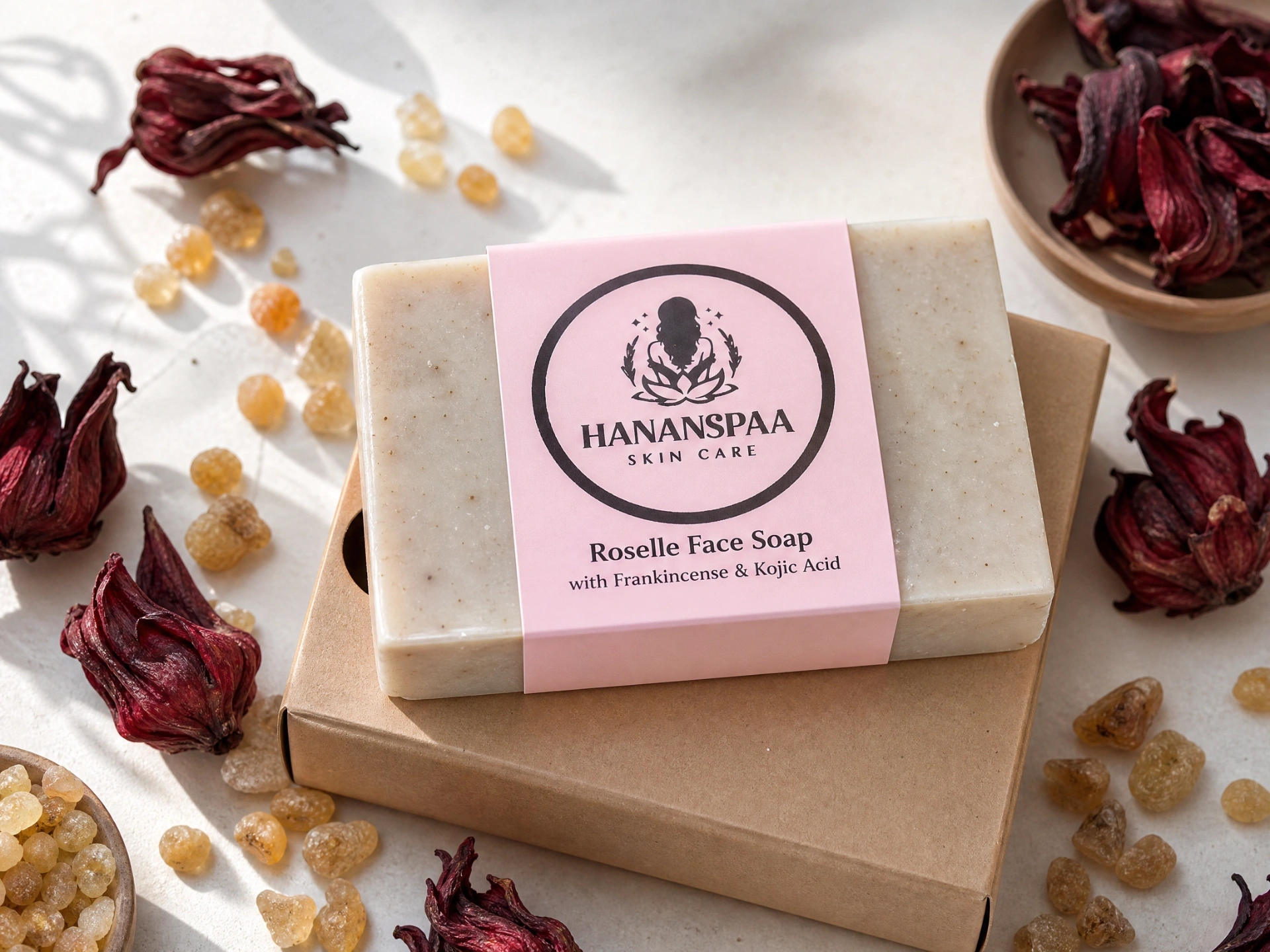 Hananspaa roselle face soap with frankincense and kojic acid