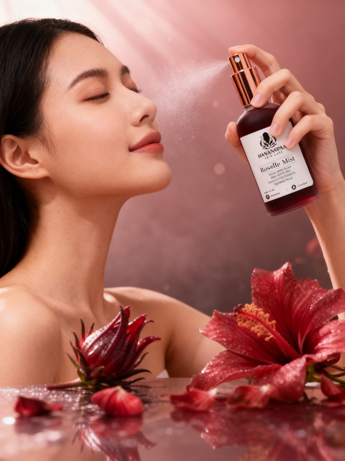 Model applying Hananspaa Roselle Mist with hibiscus flowers